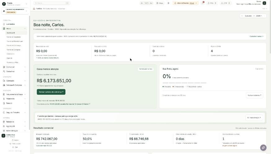 Tela real do dashboard Tracto, com posição de caixa, frota e resultado comercial